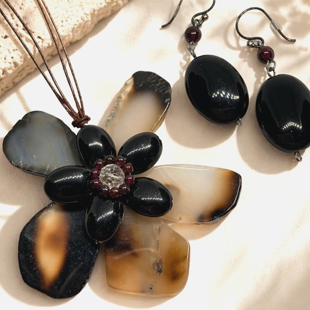 Boho Brown Stone Flower Statement Necklace Earrings Set NEW